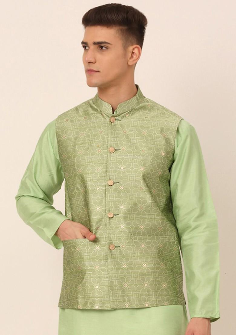Green Woven Design Poly Blend Nehru Jacket For Men