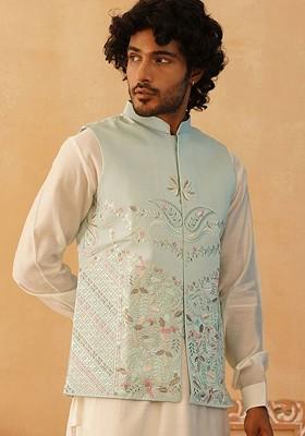 Turquoise Blue Embroidered Poly Blend Nehru Jacket For Men