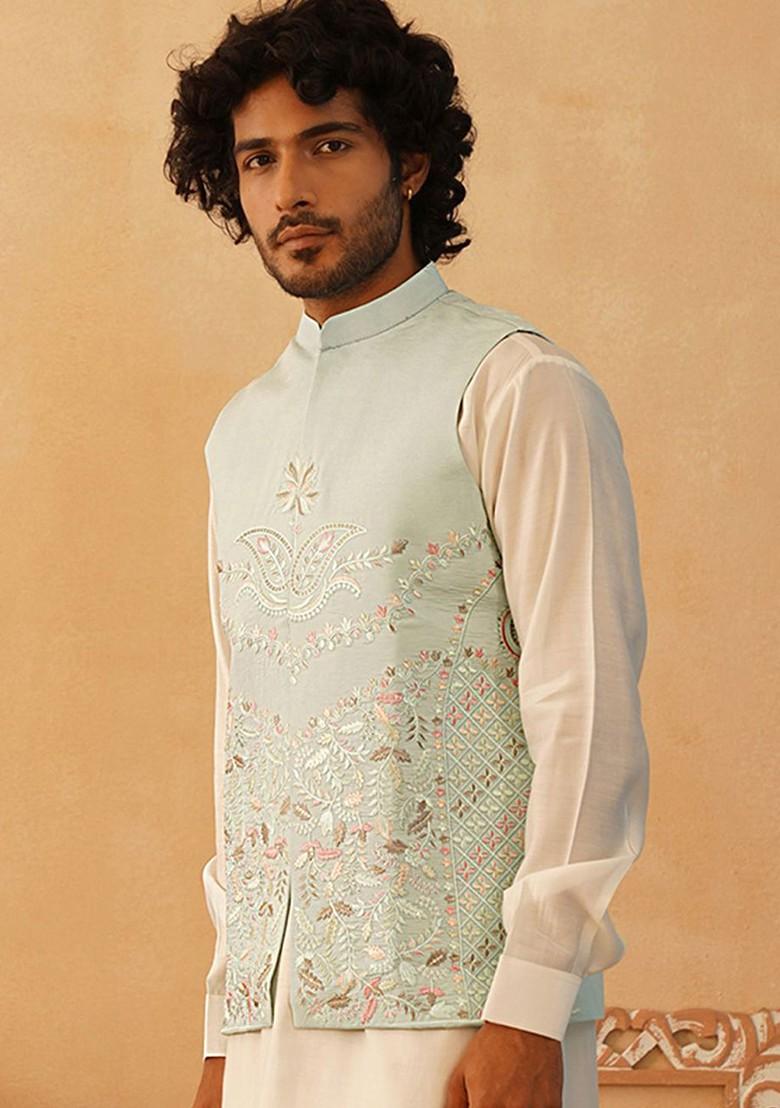 Turquoise Blue Embroidered Poly Blend Nehru Jacket For Men