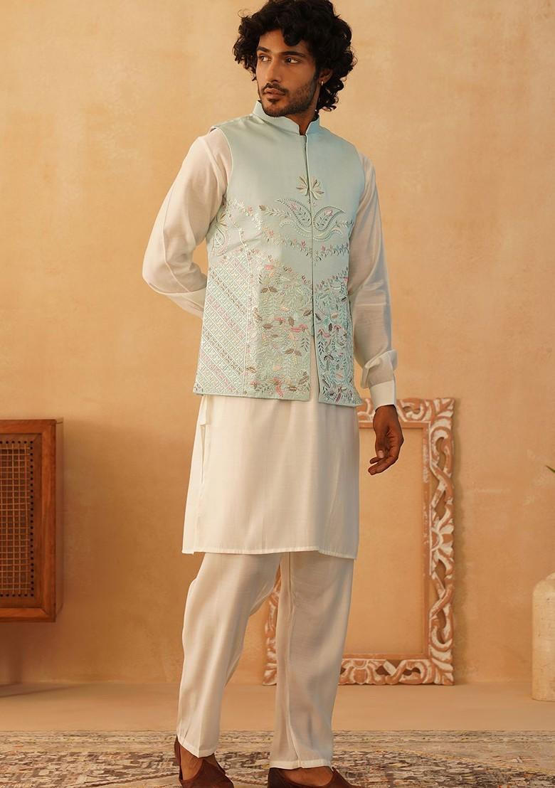 Turquoise Blue Embroidered Poly Blend Nehru Jacket For Men