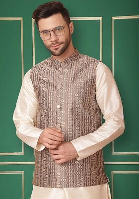 Brown Woven Design Poly Blend Nehru Jacket For Men