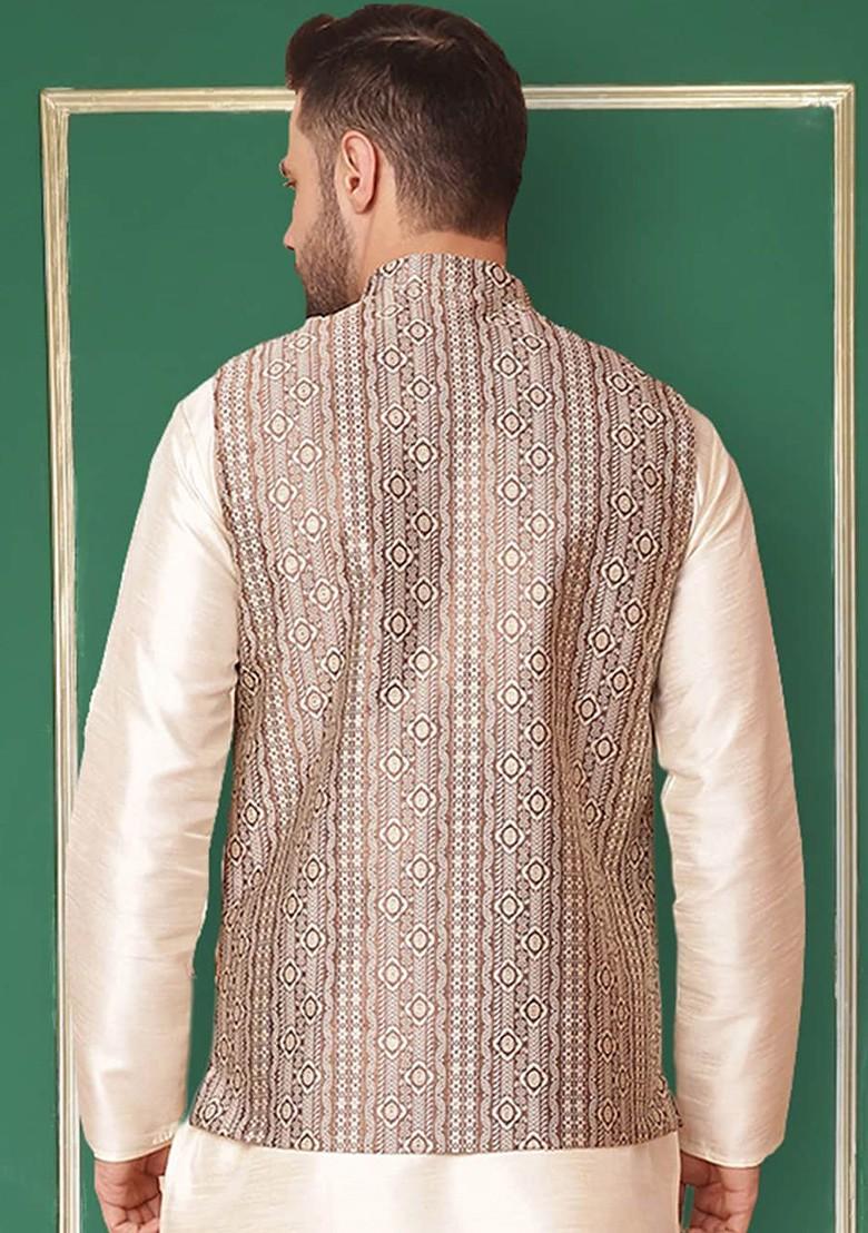 Brown Woven Design Poly Blend Nehru Jacket For Men