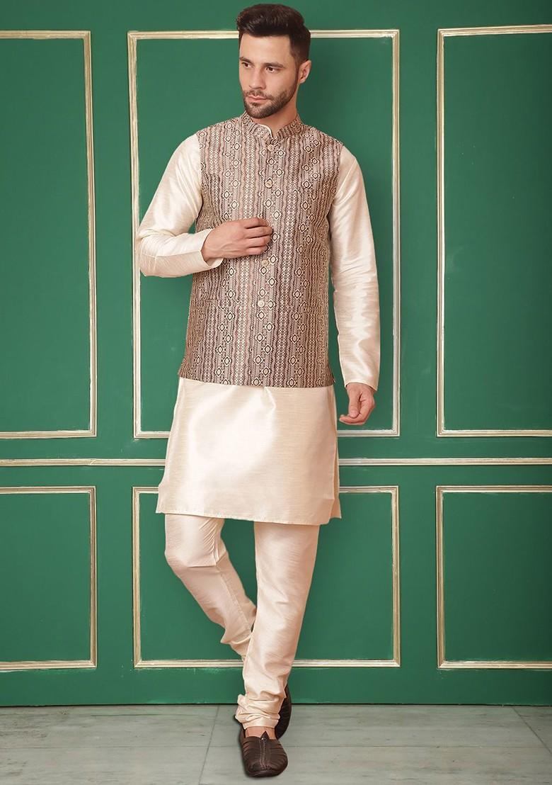 Brown Woven Design Poly Blend Nehru Jacket For Men