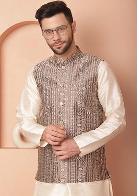 Brown Woven Design Poly Blend Nehru Jacket For Men