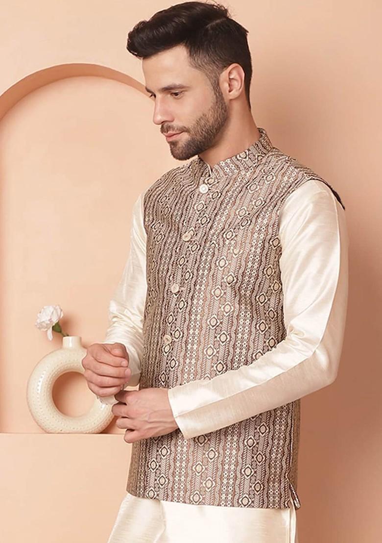Brown Woven Design Poly Blend Nehru Jacket For Men