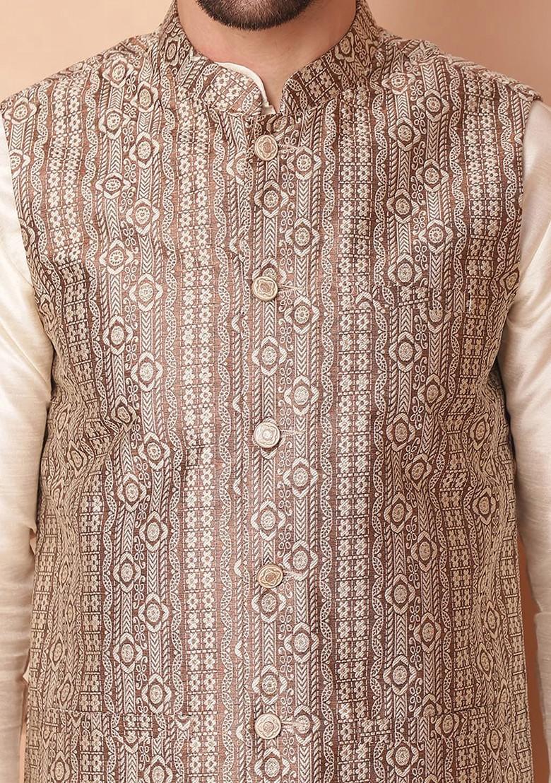 Brown Woven Design Poly Blend Nehru Jacket For Men