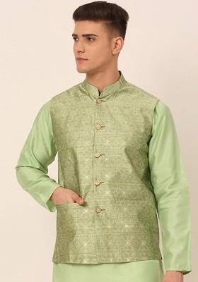 Green Woven Design Poly Blend Nehru Jacket For Men