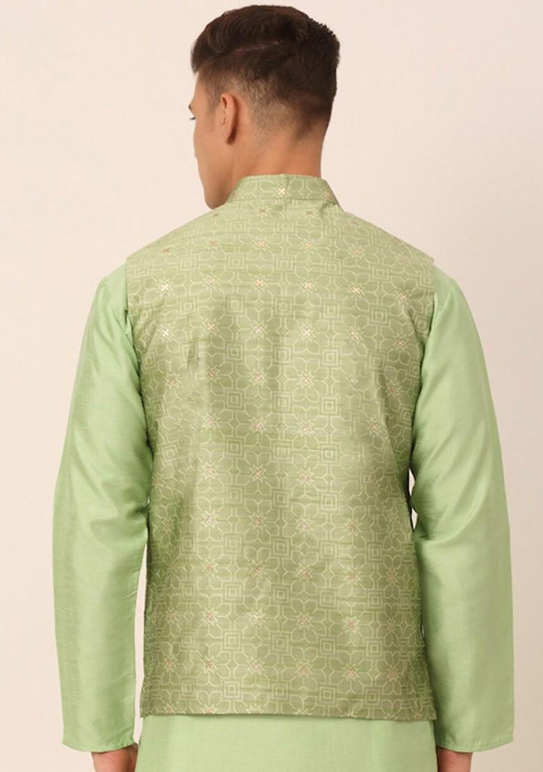 Green Woven Design Poly Blend Nehru Jacket For Men