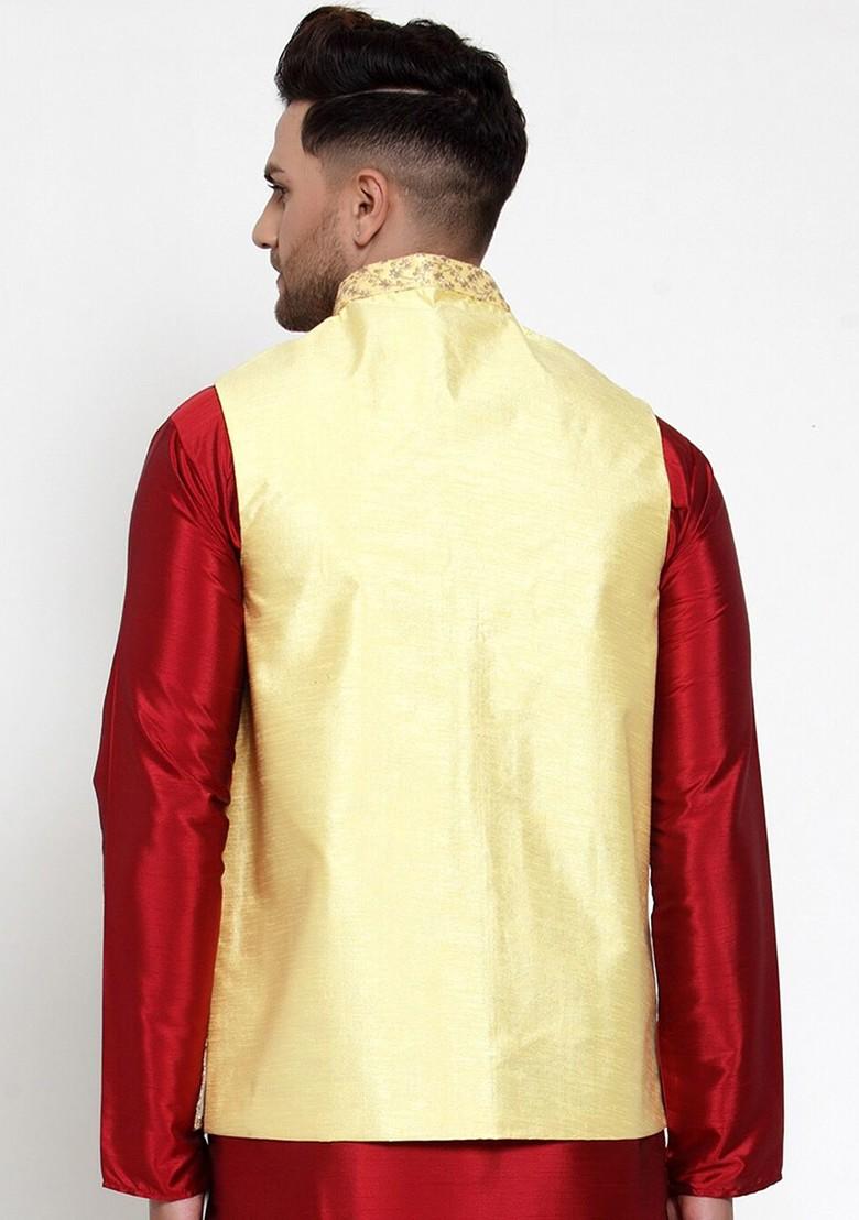 Yellow Embellished Poly Blend Nehru Jacket For Men