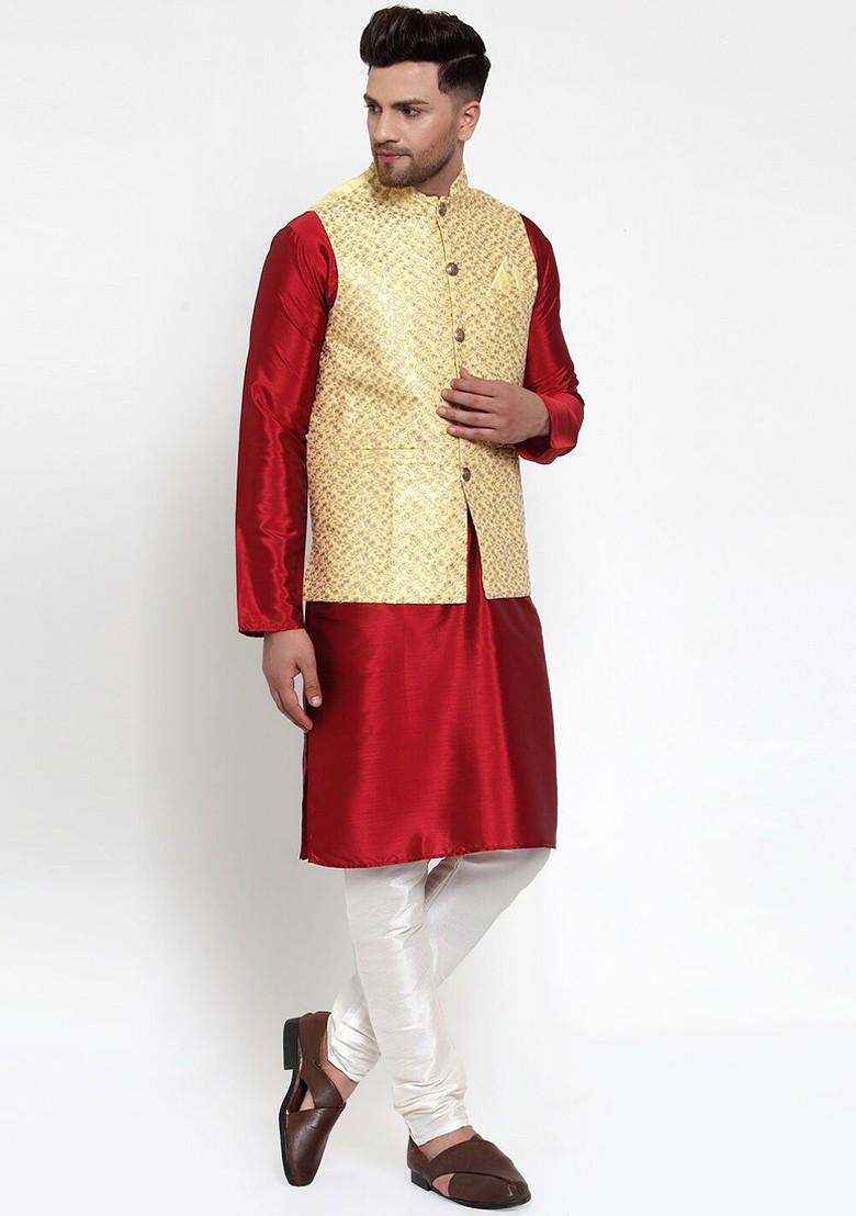 Yellow Embellished Poly Blend Nehru Jacket For Men