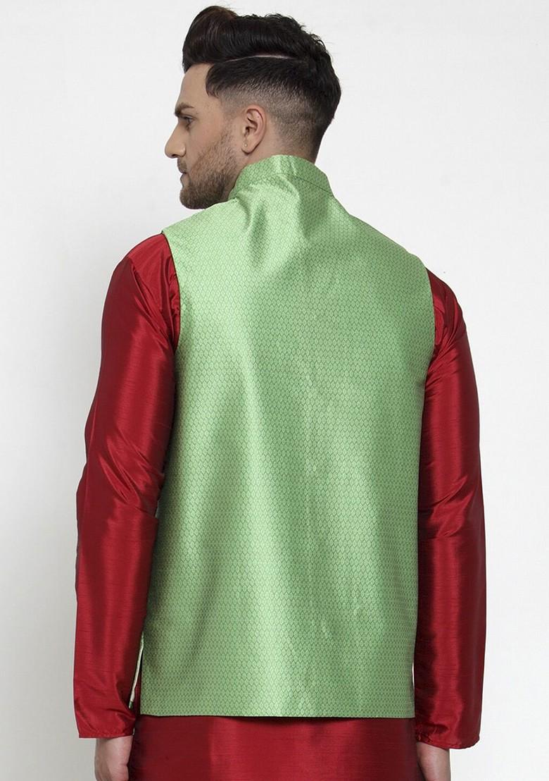 Green Woven Design Poly Blend Nehru Jacket For Men