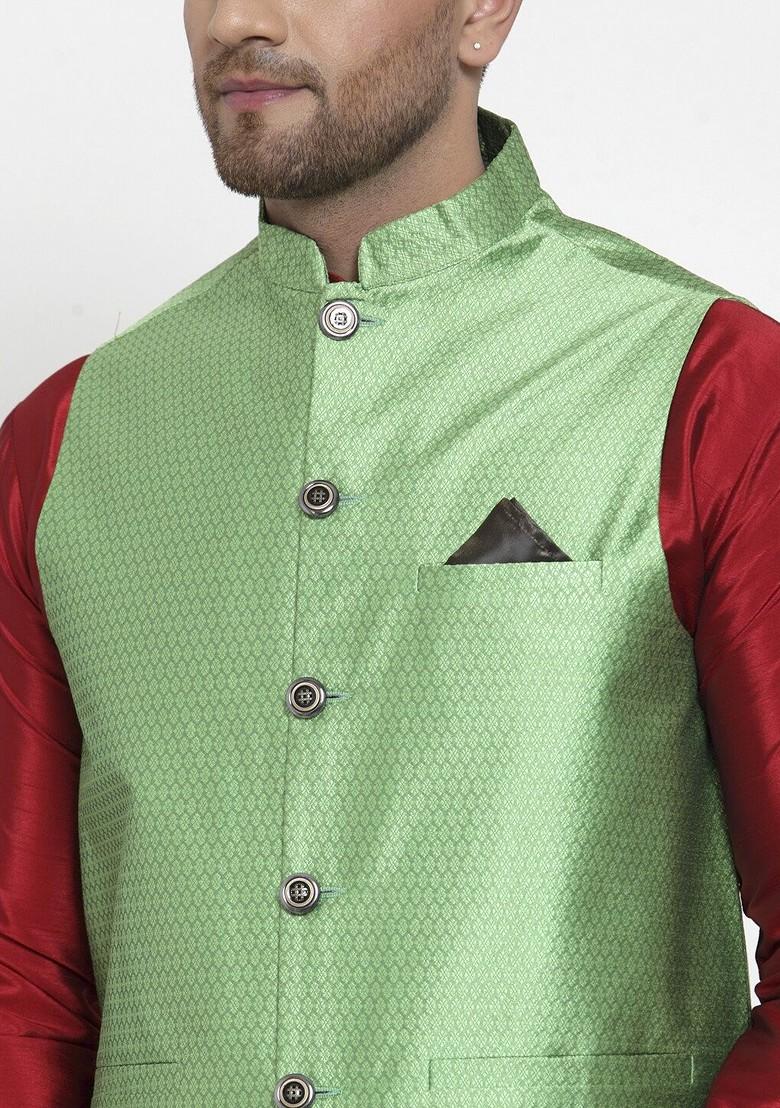 Green Woven Design Poly Blend Nehru Jacket For Men
