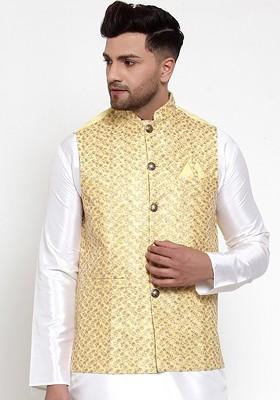 Yellow Embroidered Poly Blend Nehru Jacket For Men