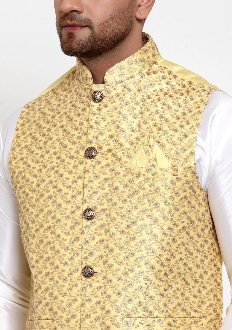 Yellow Embroidered Poly Blend Nehru Jacket For Men