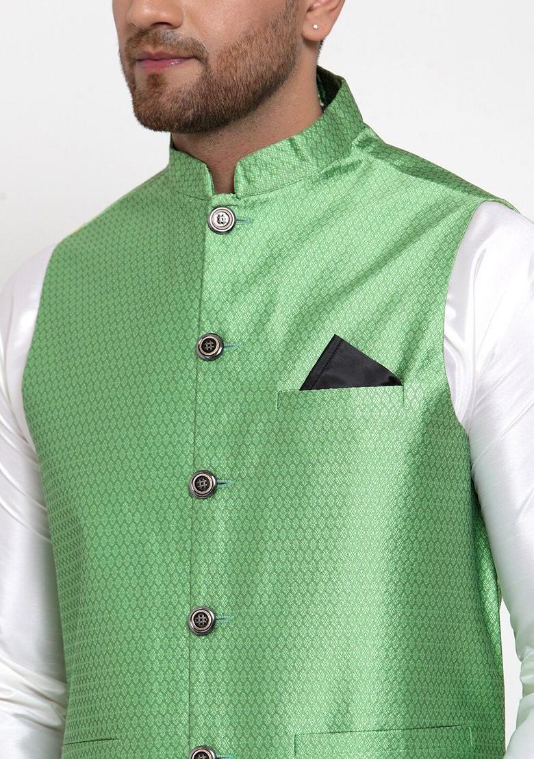 Green Woven Design Poly Blend Nehru Jacket For Men