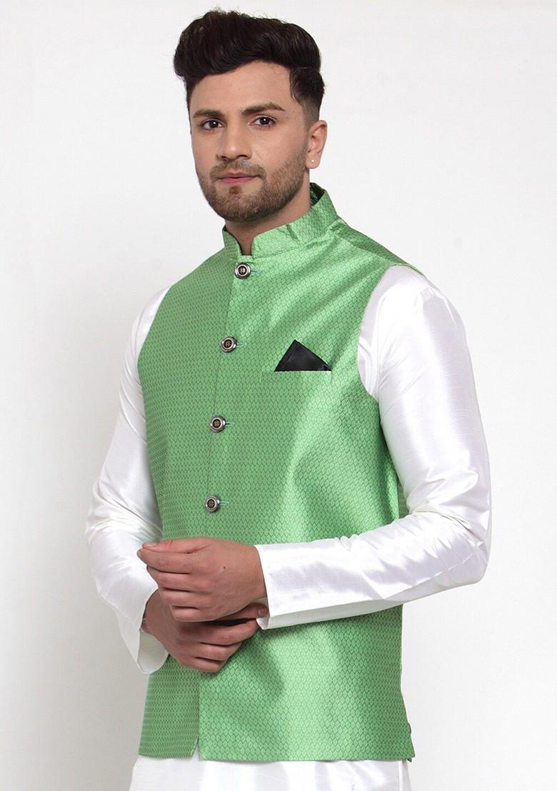 Green Woven Design Poly Blend Nehru Jacket For Men