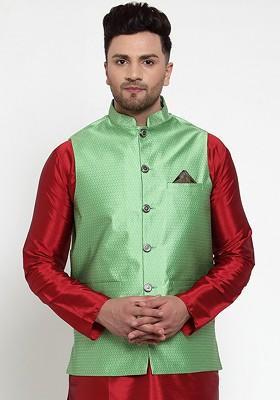 Green Woven Design Poly Blend Nehru Jacket For Men