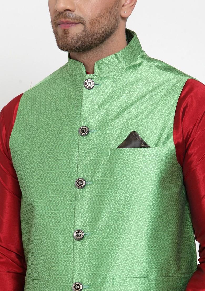 Green Woven Design Poly Blend Nehru Jacket For Men