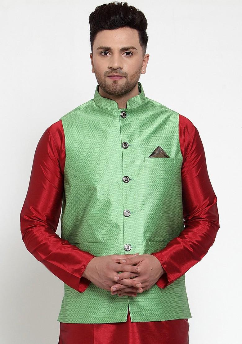 Green Woven Design Poly Blend Nehru Jacket For Men