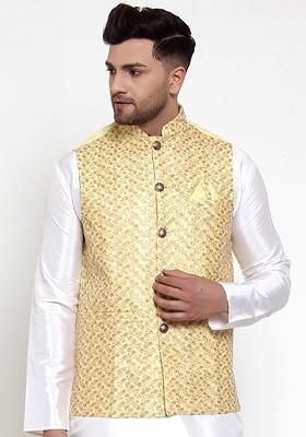 Yellow Embroidered Poly Blend Nehru Jacket For Men
