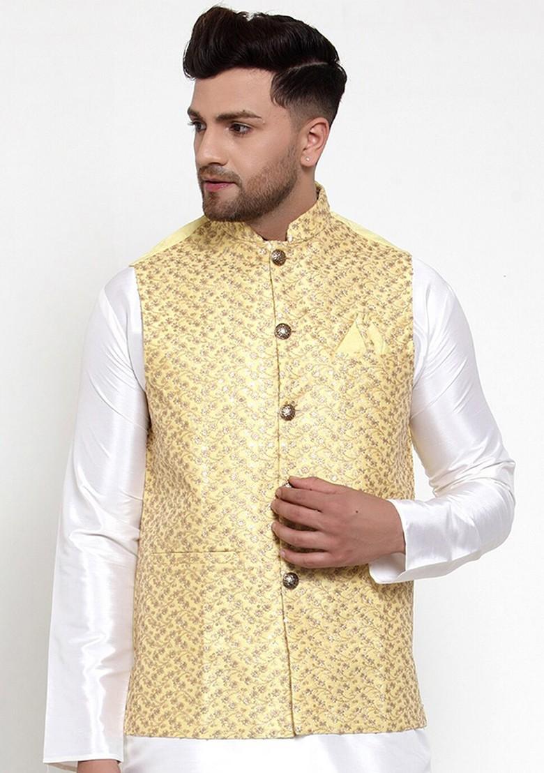Yellow Embroidered Poly Blend Nehru Jacket For Men