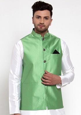 Green Woven Design Poly Blend Nehru Jacket For Men