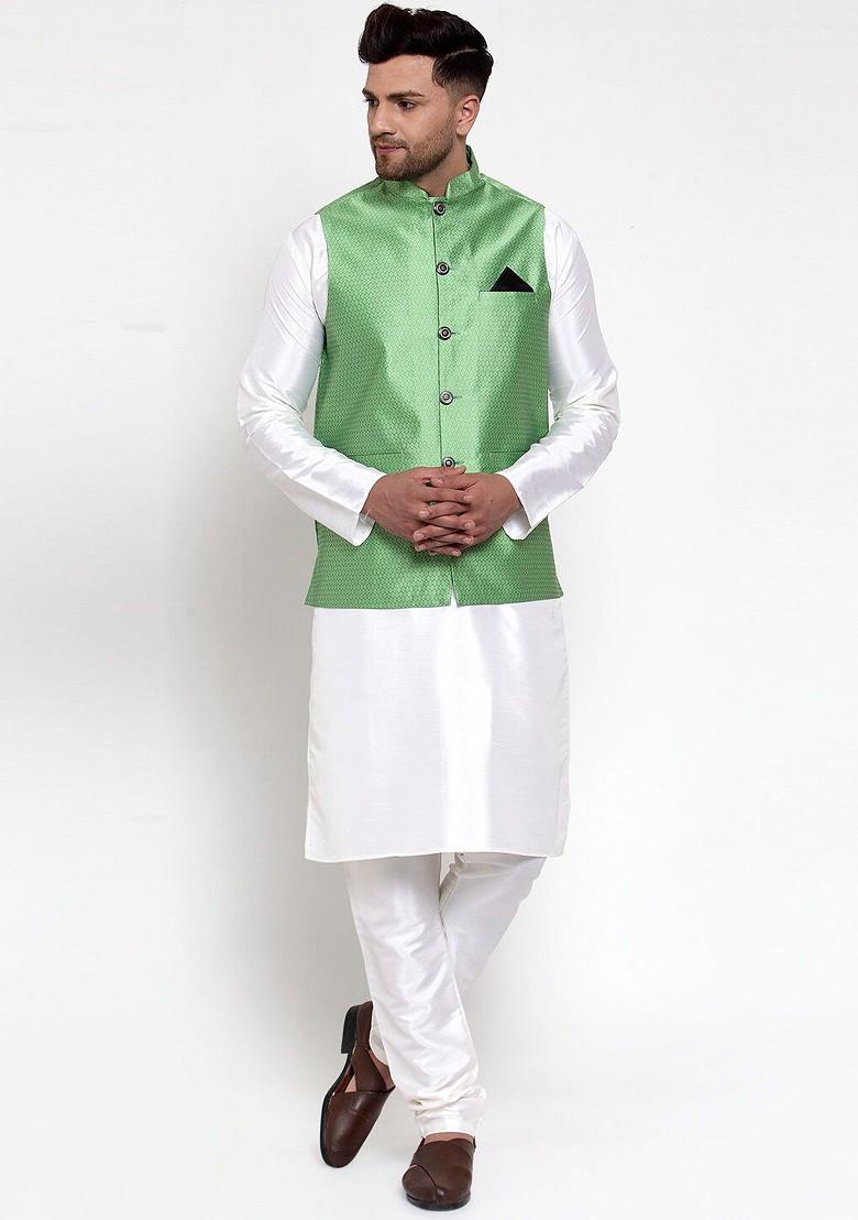 Green Woven Design Poly Blend Nehru Jacket For Men