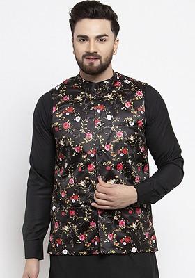 Black Printed Poly Blend Nehru Jacket For Men