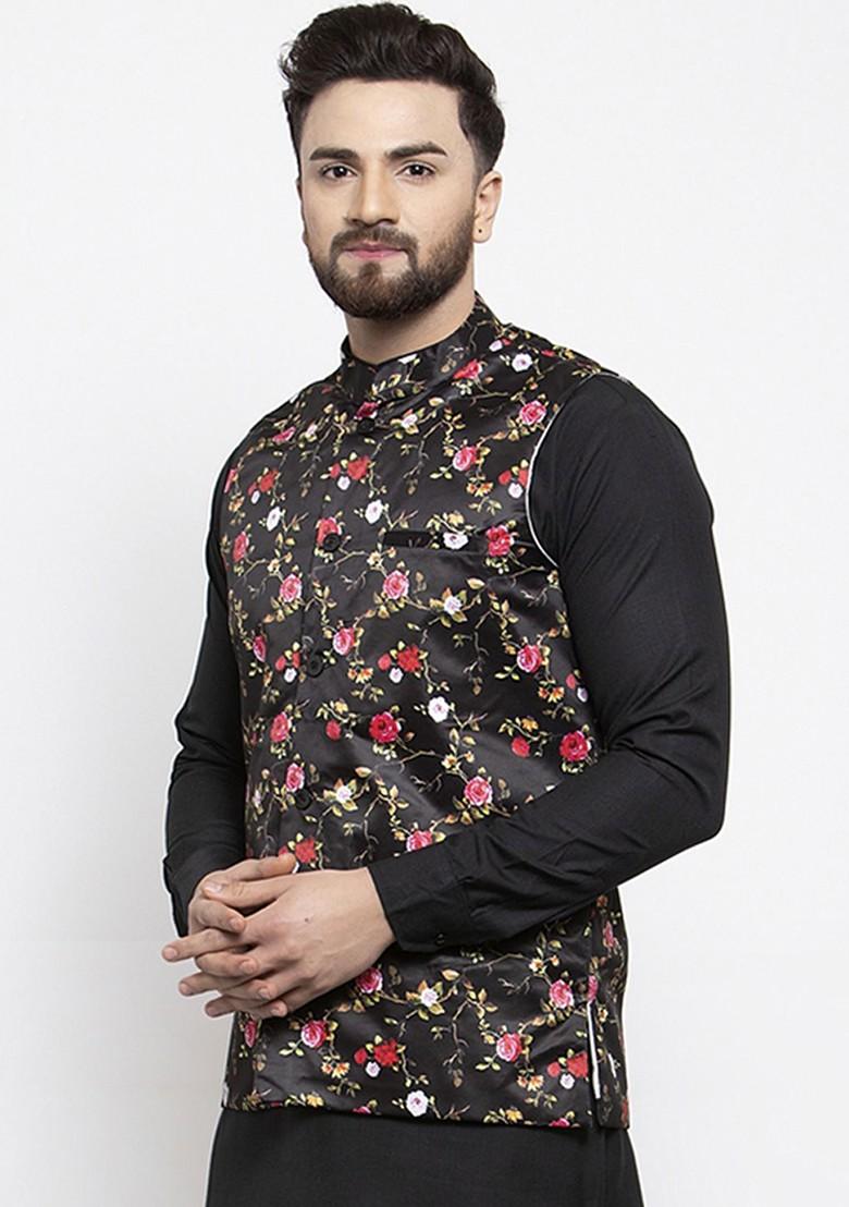 Black Printed Poly Blend Nehru Jacket For Men