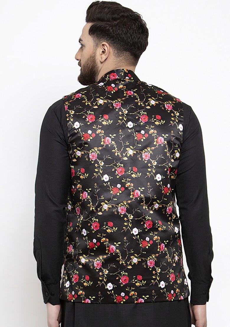 Black Printed Poly Blend Nehru Jacket For Men