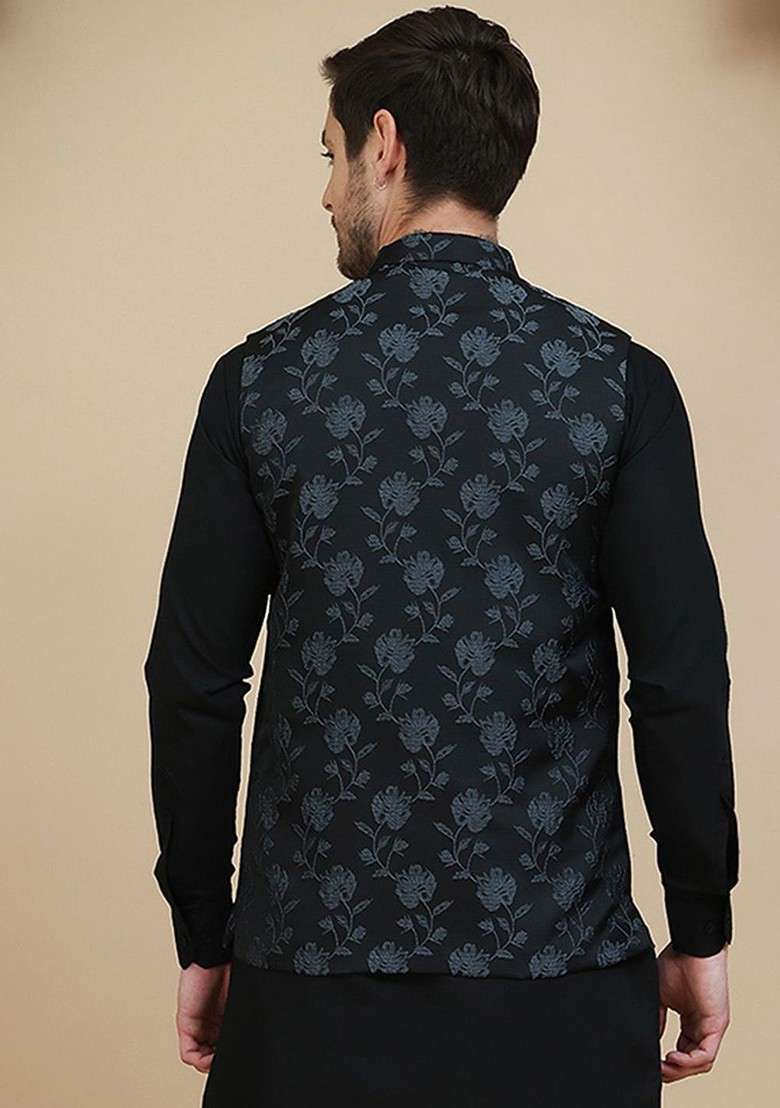 Black Embellished Poly Blend Nehru Jacket For Men - Indya