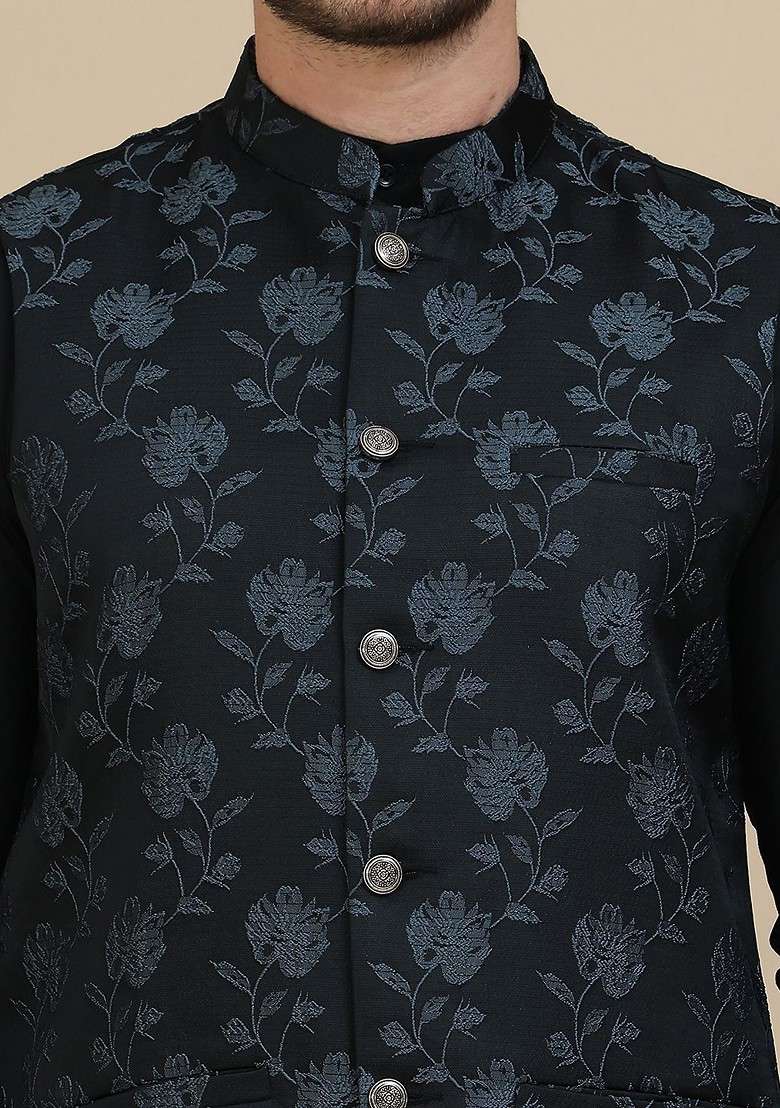 Black Embellished Poly Blend Nehru Jacket For Men - Indya