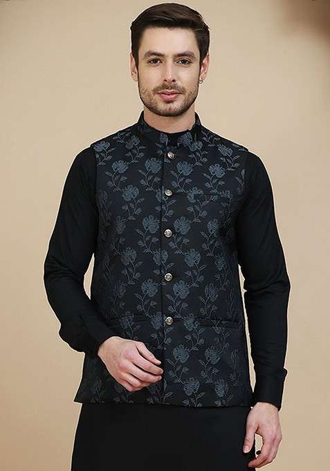Black Embellished Poly Blend Nehru Jacket For Men