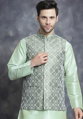Green Woven Design Poly Blend Nehru Jacket For Men