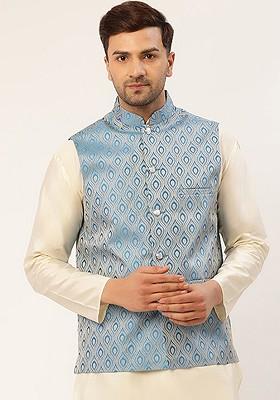 Blue Woven Design Poly Blend Nehru Jacket For Men