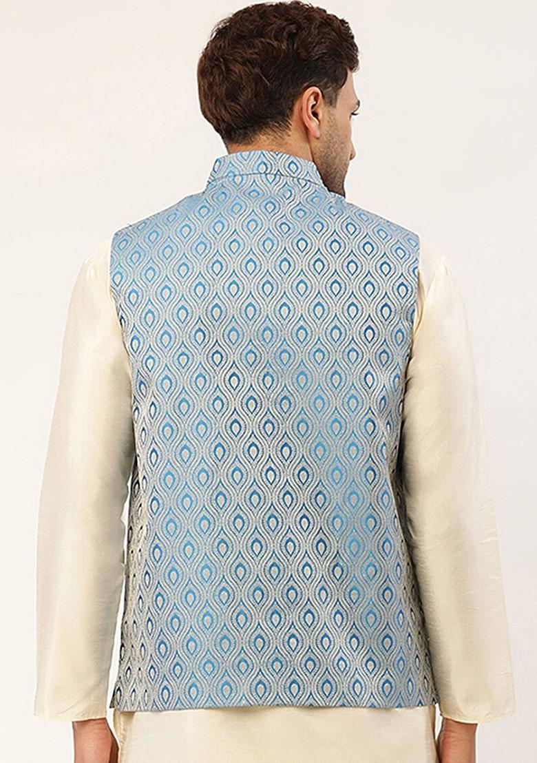 Blue Woven Design Poly Blend Nehru Jacket For Men