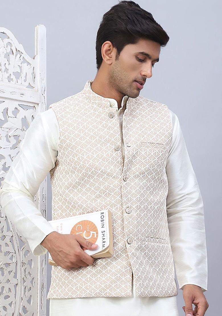 Beige Embroidered Poly Blend Nehru Jacket For Men