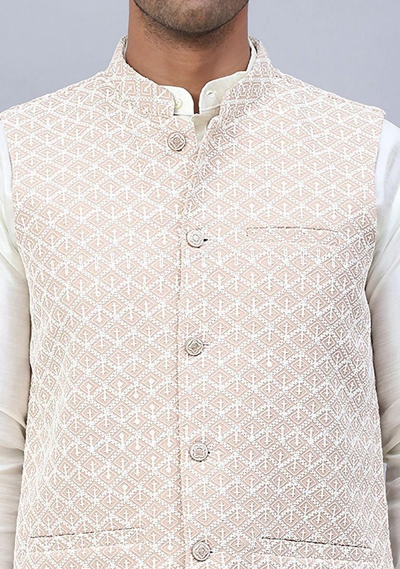 Beige Embroidered Poly Blend Nehru Jacket For Men
