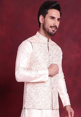 Cream Woven Design Poly Blend Nehru Jacket For Men