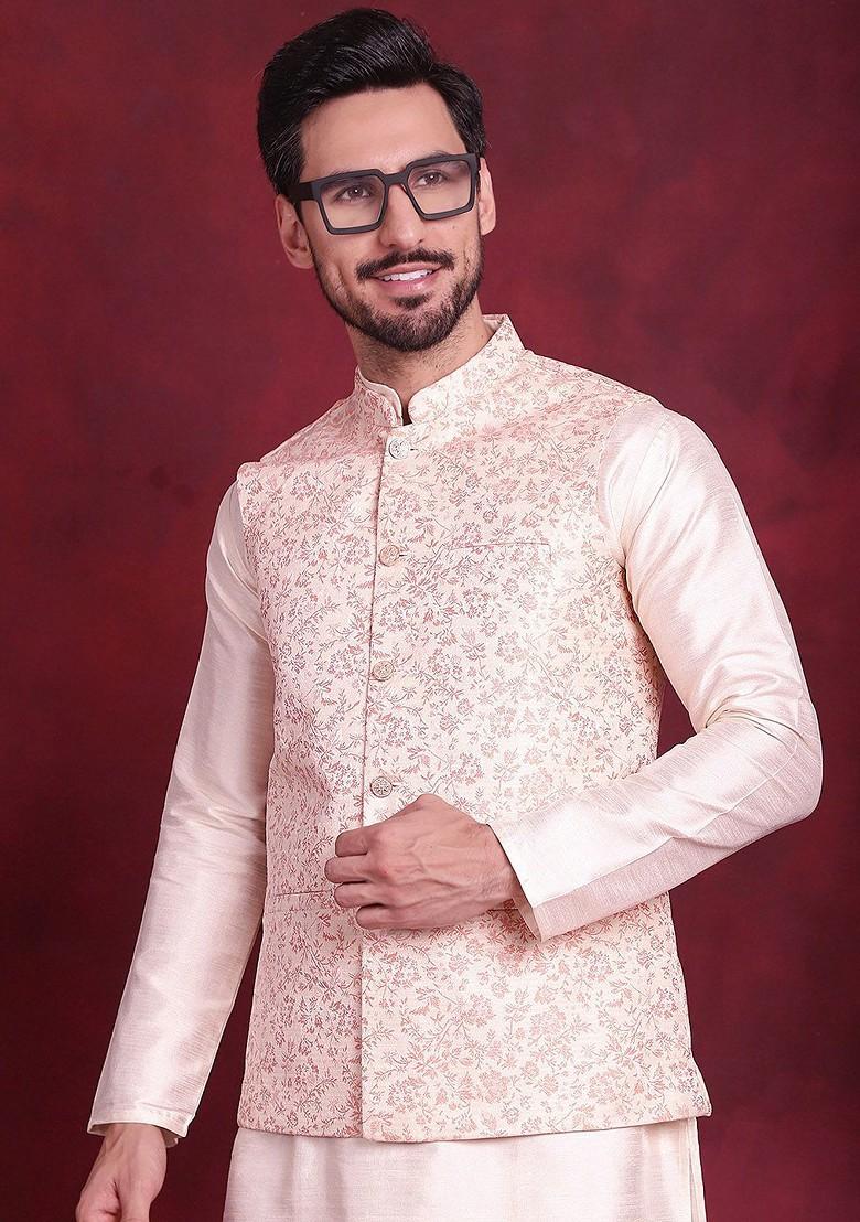 Cream Woven Design Poly Blend Nehru Jacket For Men