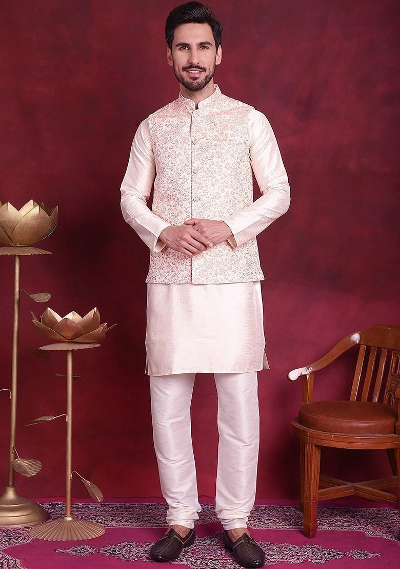 Cream Woven Design Poly Blend Nehru Jacket For Men
