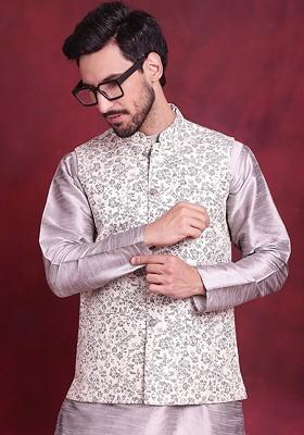 Cream Woven Design Poly Blend Nehru Jacket For Men