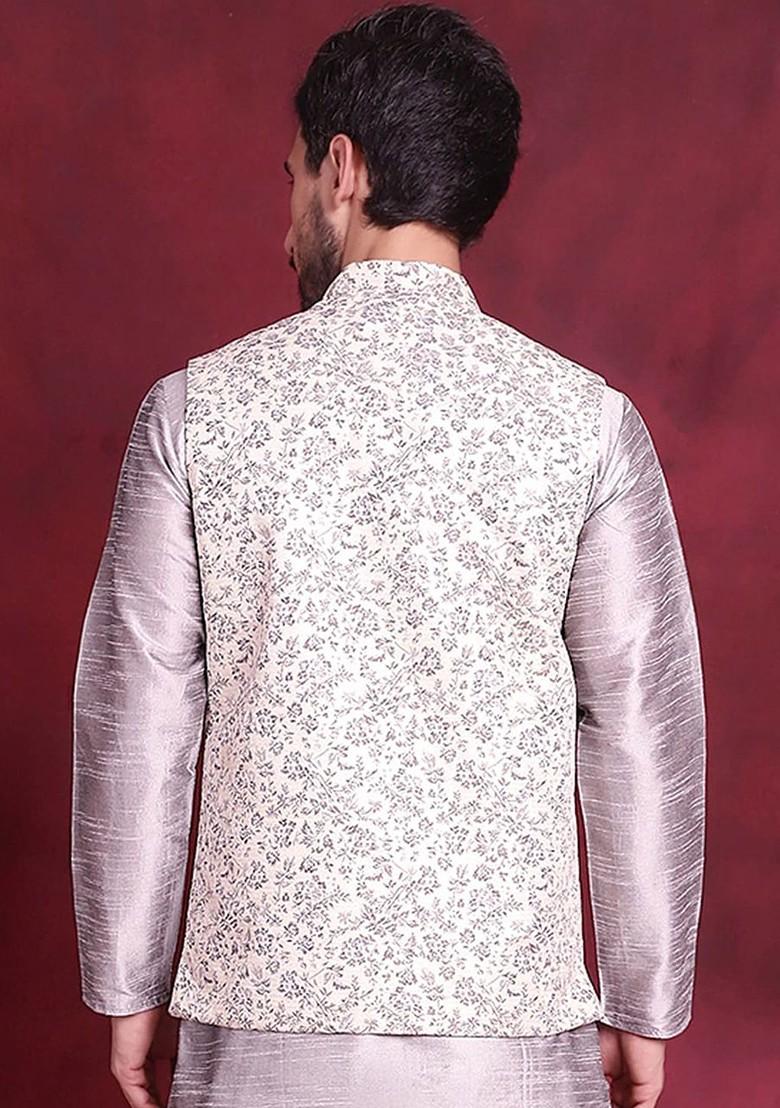 Cream Woven Design Poly Blend Nehru Jacket For Men