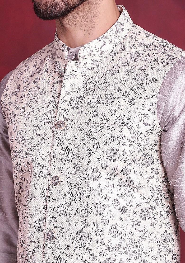 Cream Woven Design Poly Blend Nehru Jacket For Men