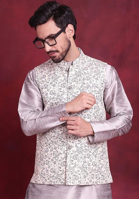 Cream Woven Design Poly Blend Nehru Jacket For Men — view on Indya