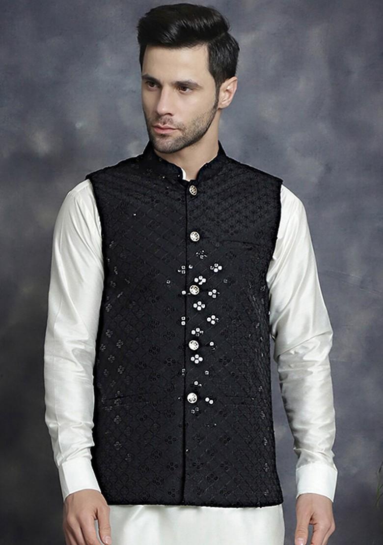 Black Embroidered Poly Blend Nehru Jacket For Men