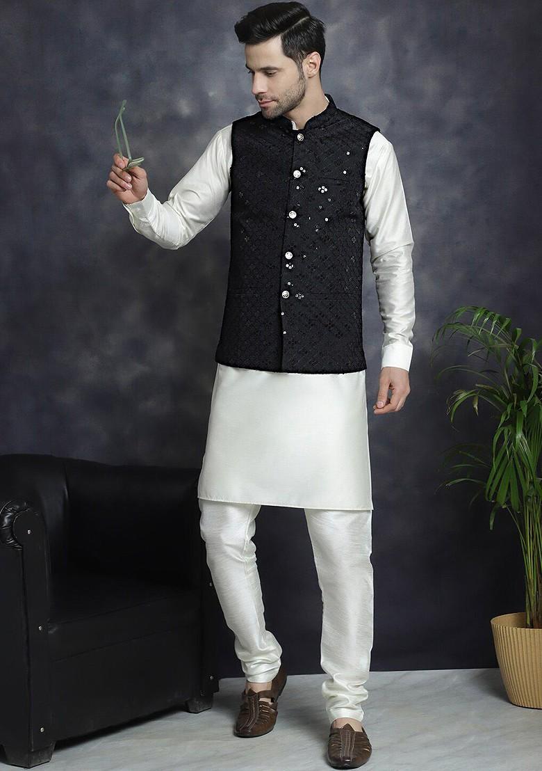Black Embroidered Poly Blend Nehru Jacket For Men