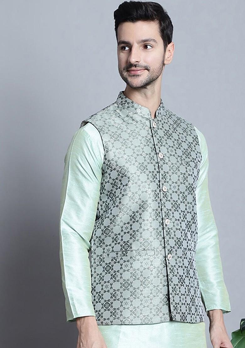 Green Woven Design Poly Blend Nehru Jacket For Men