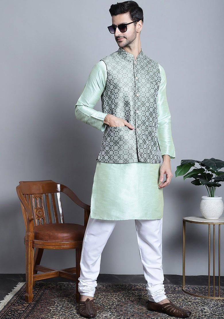 Green Woven Design Poly Blend Nehru Jacket For Men