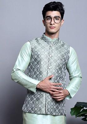 Sea Green Woven Design Poly Blend Nehru Jacket For Men